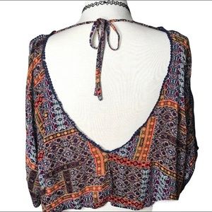 Open back Romantic crochet edge stained glass cropped blouse S